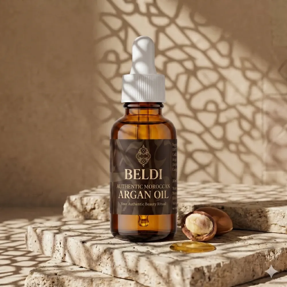 Beldi Authentic Moroccan Argan Oil dropper bottle on travertine with split argan nut.