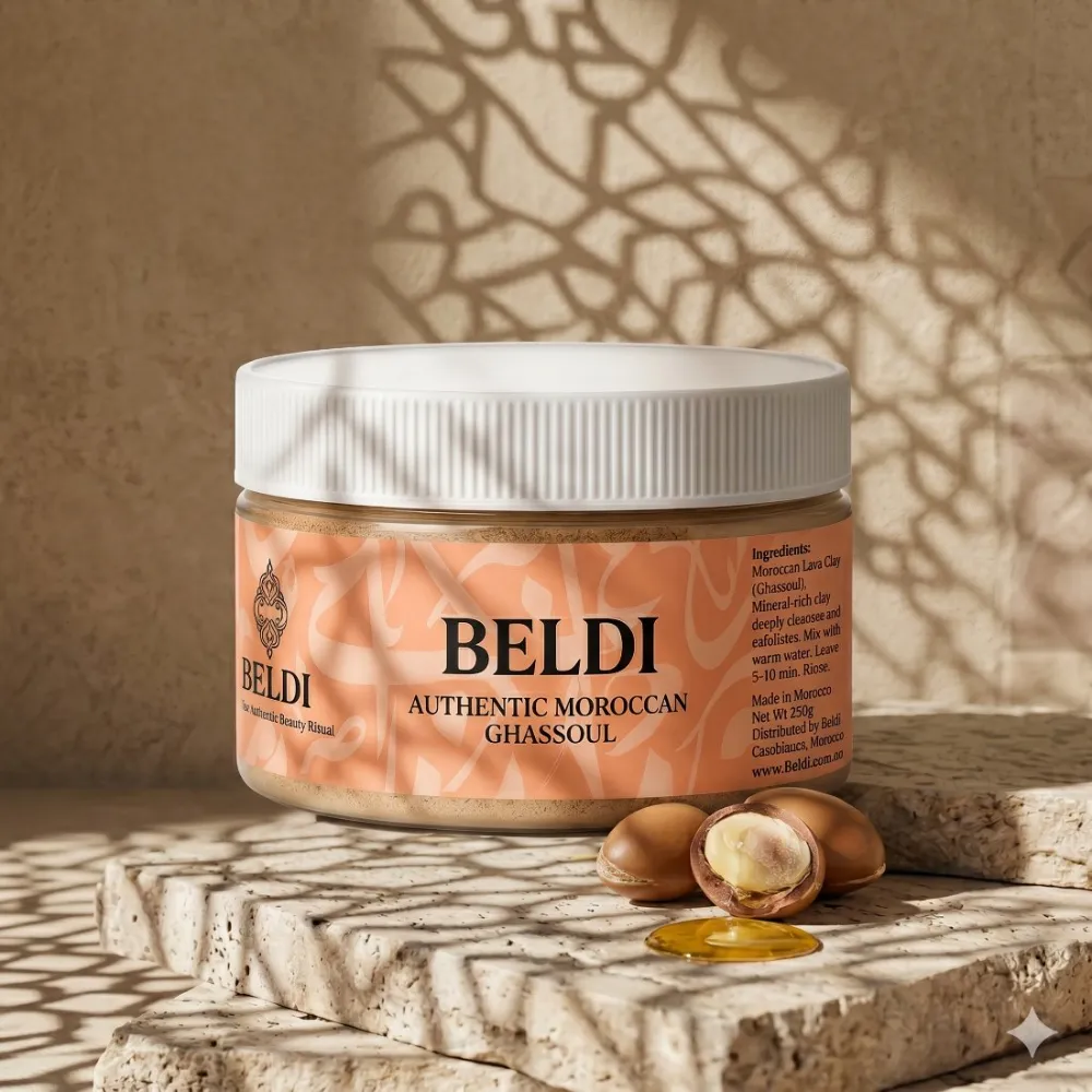 Beldi Authentic Moroccan Ghassoul (rhassoul clay) tub on travertine with split argan nut.