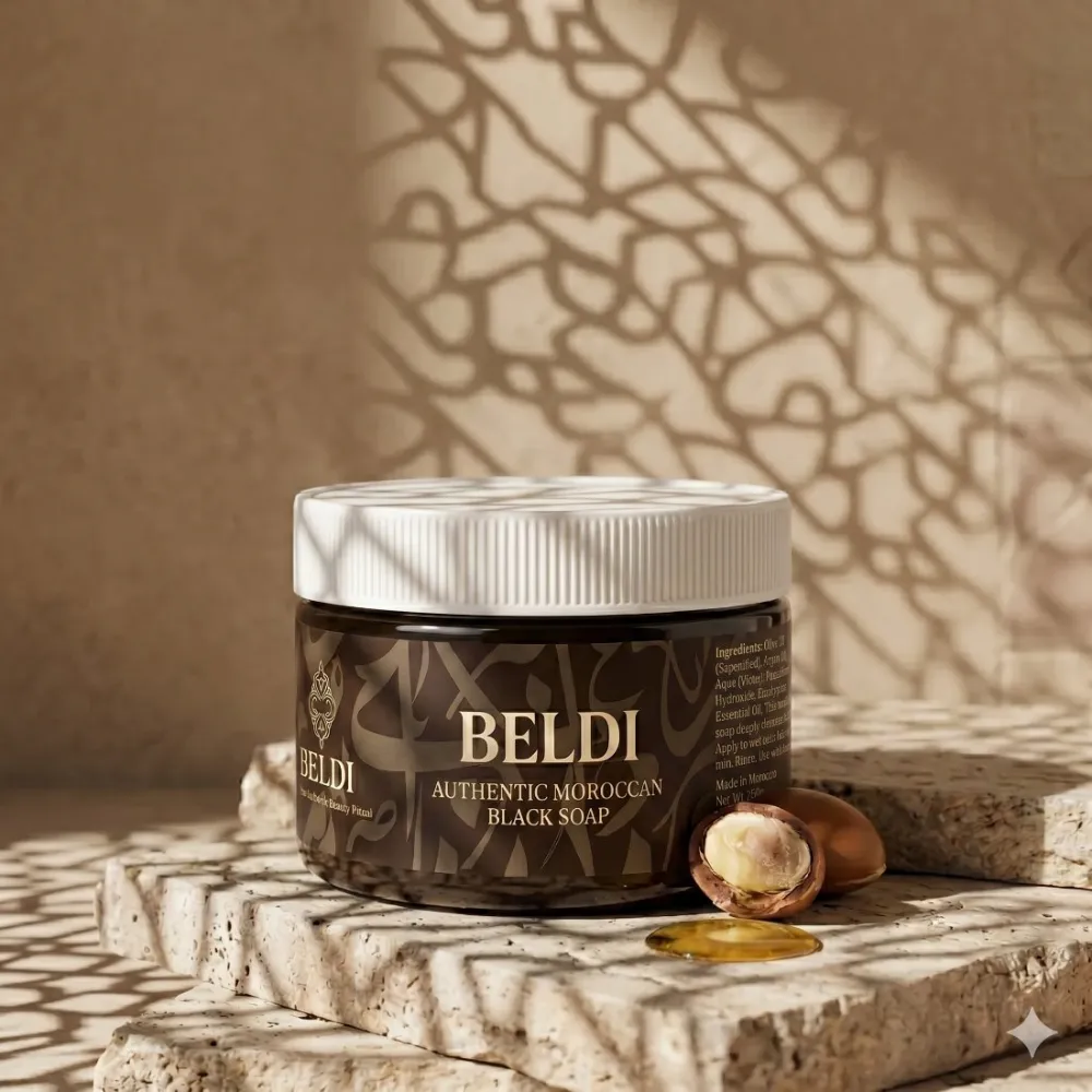 Beldi Authentic Moroccan Black Soap tub on a travertine plinth, with split argan nut and oil drop, dappled mashrabiya light.