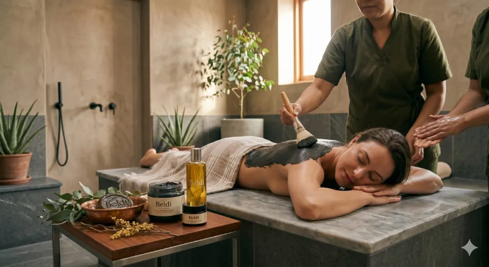 Therapist brushing Beldi dark clay treatment across a guest's back during the Atlas Brightening ritual.