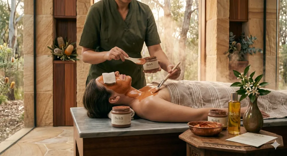 Therapist brushing a Beldi clay treatment onto a guest during the Desert Oasis Restorative.