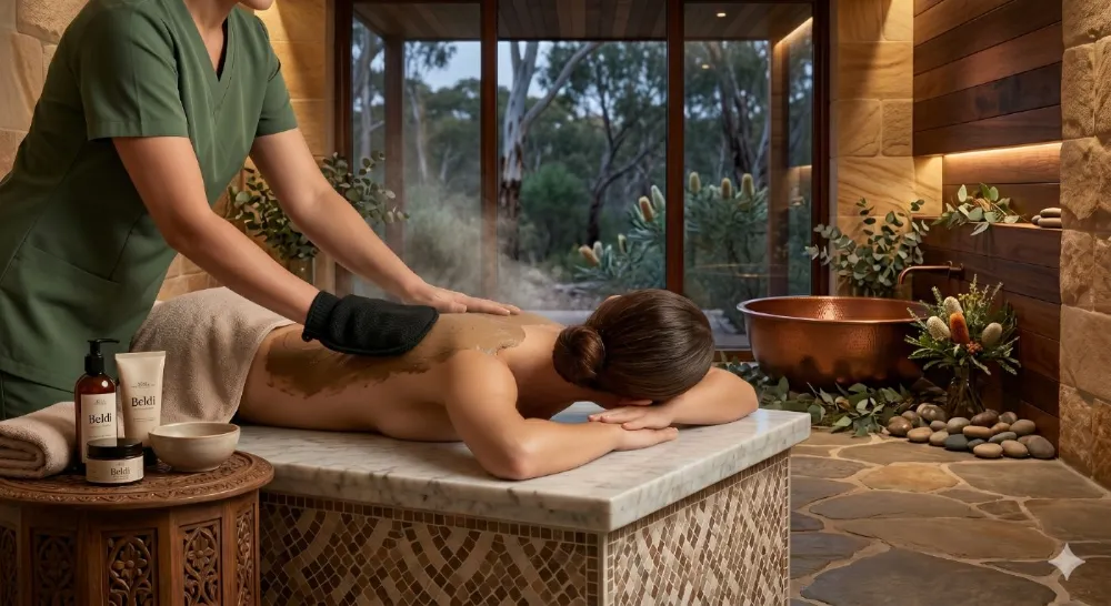 Therapist exfoliating a guest's back with a black kessa mitt during the Royal Hammam ritual, Beldi products on a carved side table.